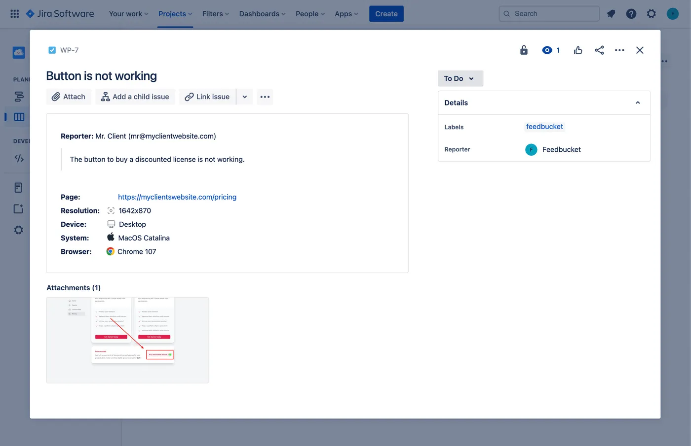 An issue created in JIRA after website feedback was submitted by Feedbucket.